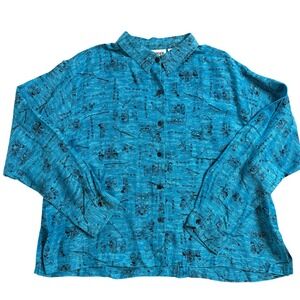 Chicos Design Teal Blue Silk Linen Asian Novelty Print Button Down Shirt 3 XL